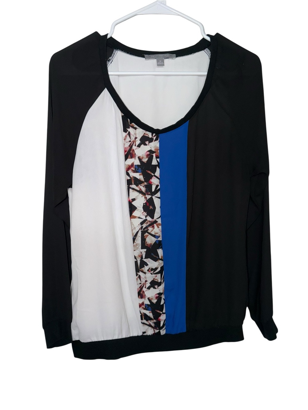 NY Collection Black White and Blue Mixed-Panel Long Sleeve Blouse